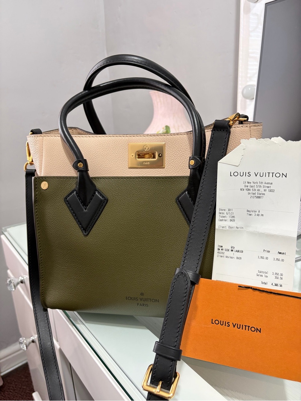 Louis Vuitton Olive Green, Beige and Black Leather Satchel